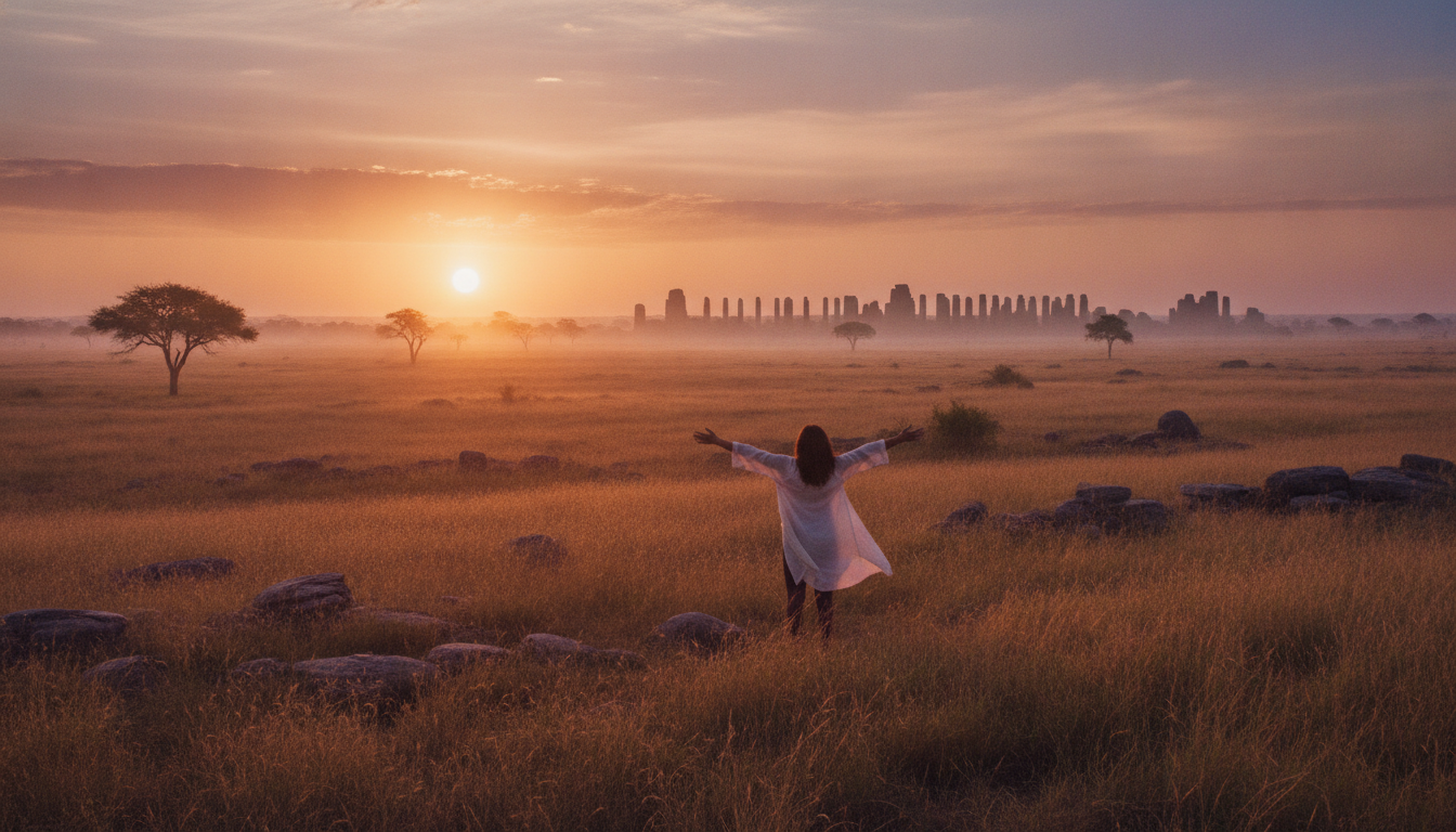 A person standing on a vast, open plain at sunrise, arms outstretched, feeling completely free and unburdened, with the remnants of ancient, crumbled structures far behind them on the horizon.
