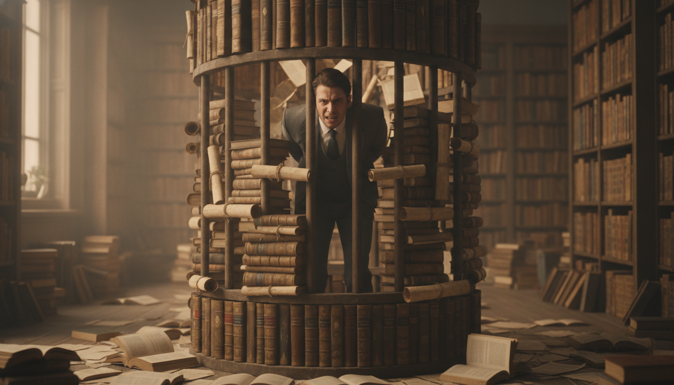 A person standing rigidly inside a cage made of books and scrolls, looking frustrated and unable to move, symbolising the confinement of excessive or self-assured knowledge.