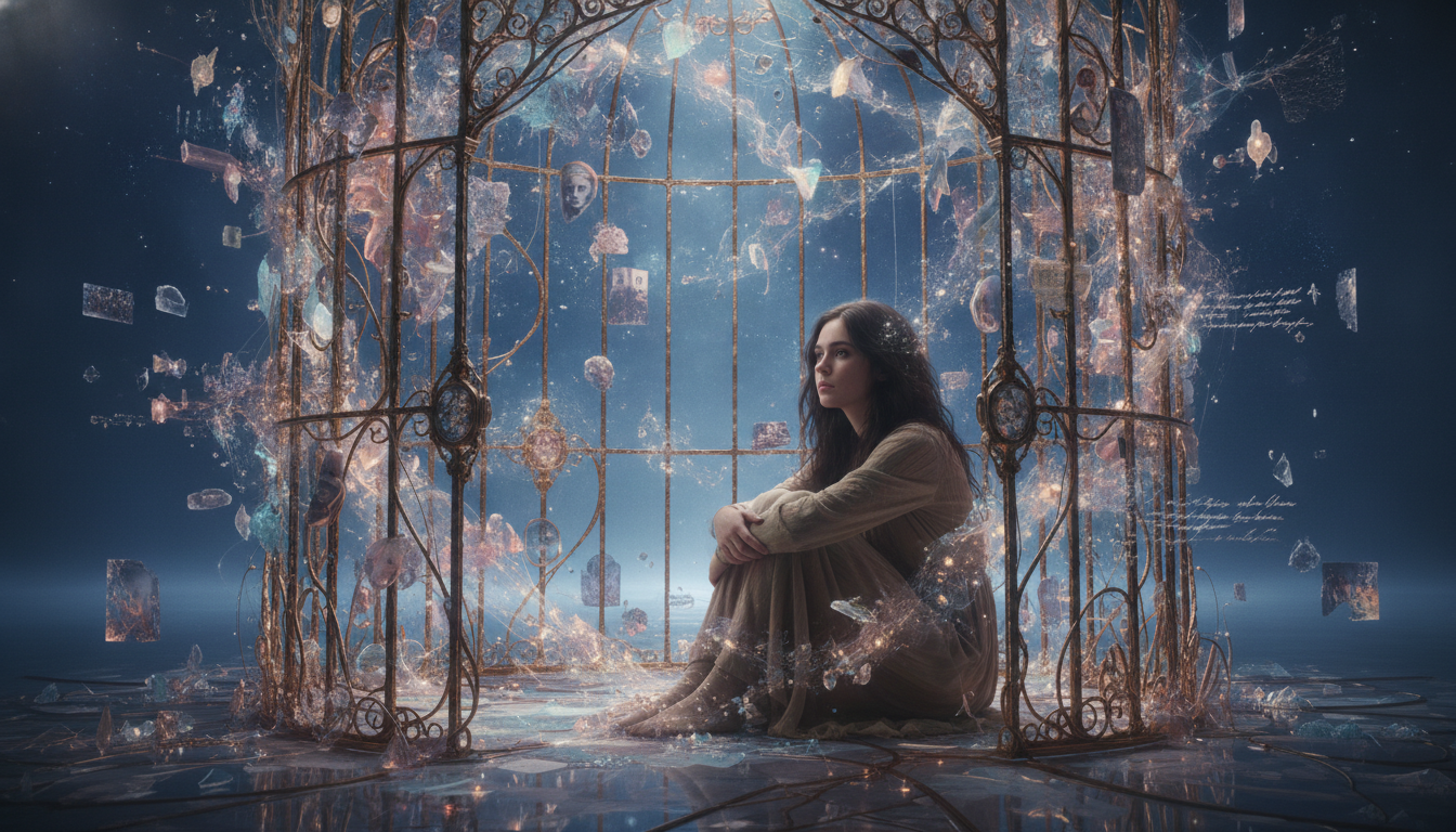 A person trapped within a beautifully ornate but clearly confining cage, made of intricate, delicate mental constructs and memories, looking out with a sense of quiet resignation.
