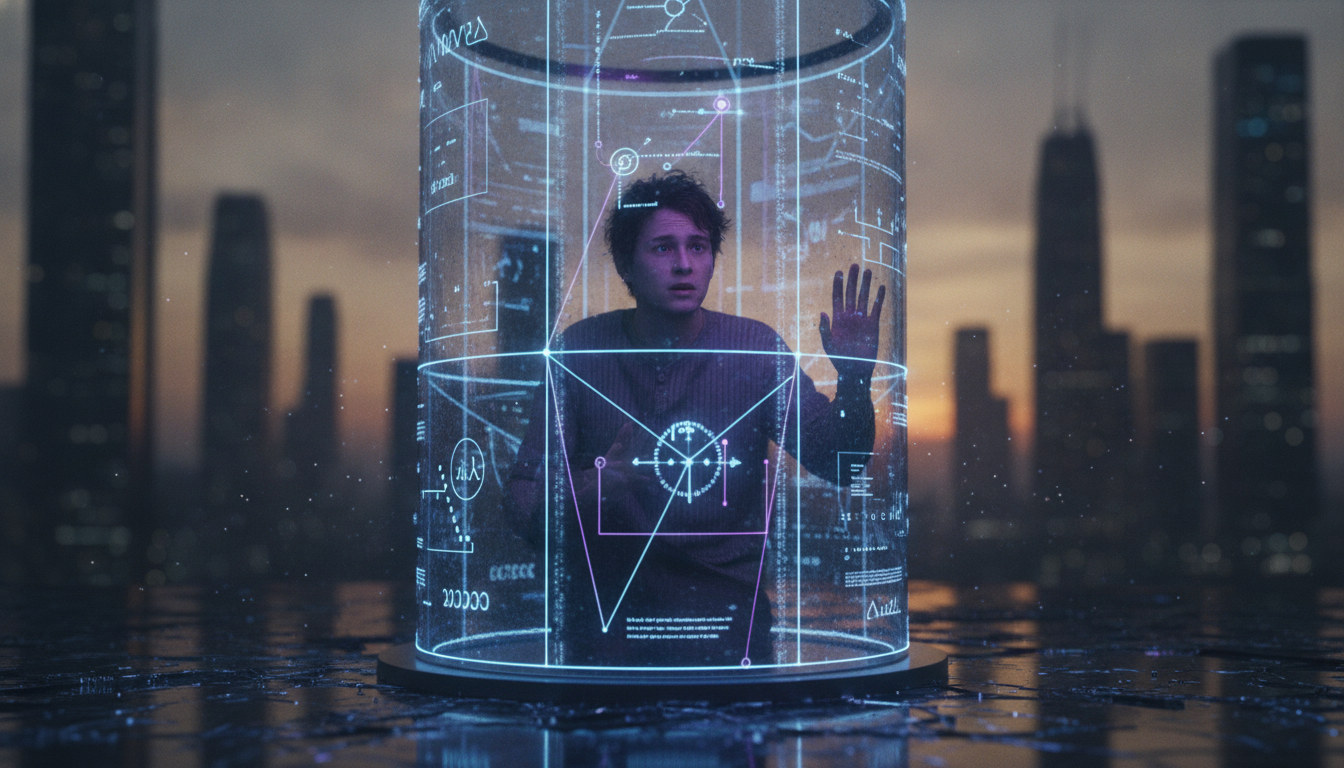 A person trapped within a intricate, transparent mental construct, looking out with a slightly puzzled expression. The construct is made of glowing lines representing thoughts and beliefs.