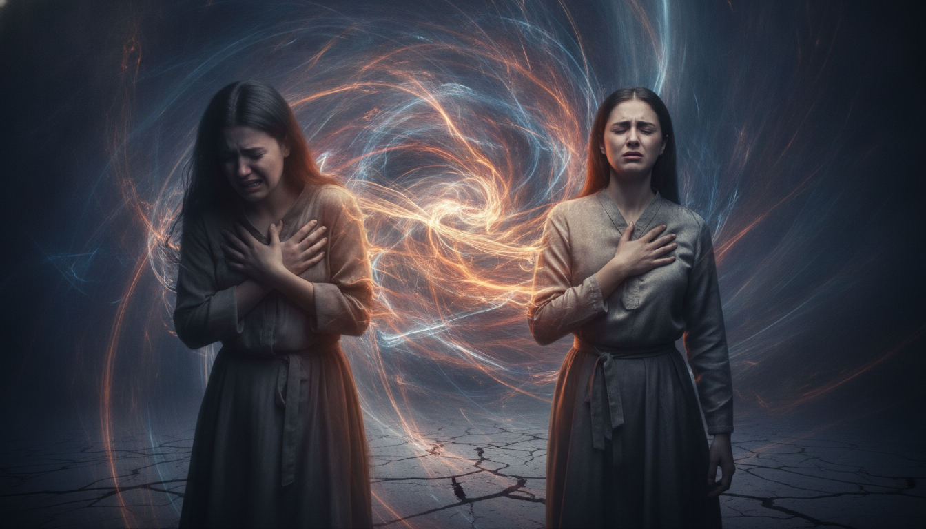 A person with a blurred, distressed face, and another person with their hand over their heart, looking equally pained, as if absorbing the first person's distress. The background is a swirling vortex of shared emotional energy.