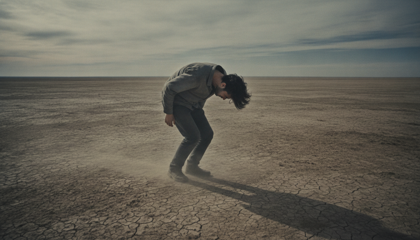 A person with a heavy, invisible weight on their shoulders, looking burdened and stressed, amidst an otherwise empty, open landscape.