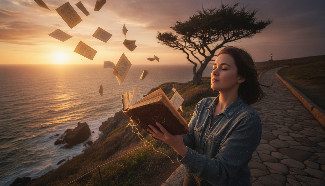 A person with a serene expression, holding an old, worn book, but instead of reading, they are gently letting individual pages float away in a breeze, signifying release and openness to new learning.