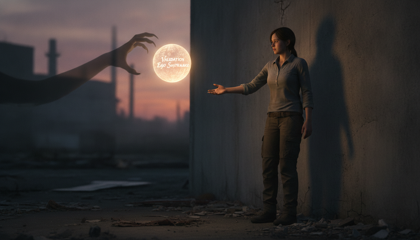 A person with an outstretched hand offering help, their face showing concern, but their shadow behind them subtly shows a separate, ghostly hand reaching for a glowing orb labeled 'validation' or 'ego sustenance'.