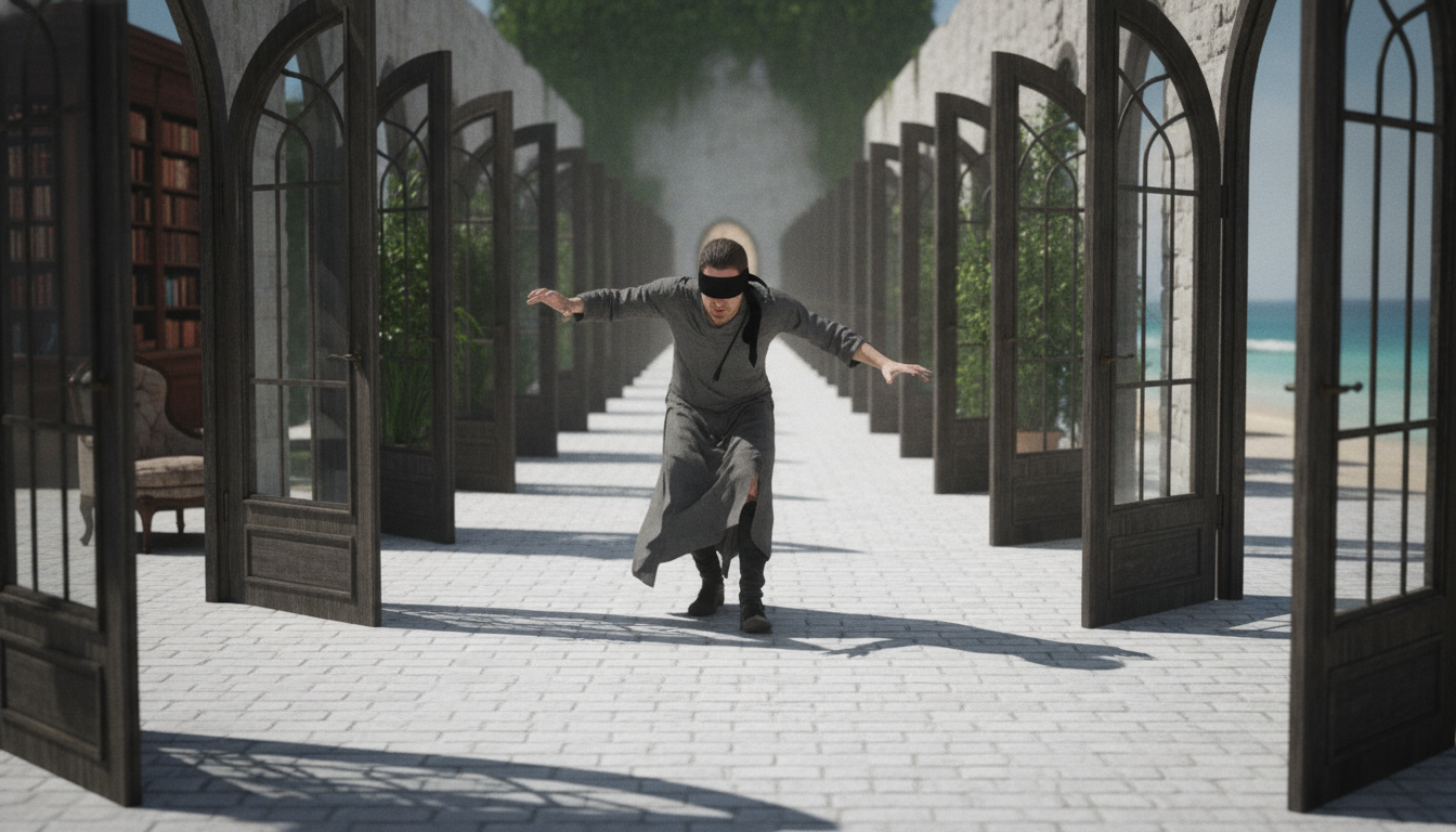 A person with blindfolds struggling to walk on a clear path, surrounded by open doors, emphasizing self-imposed limitations.