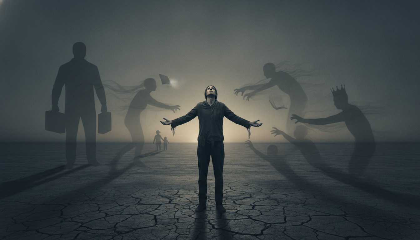A person with outstretched hands, looking empty or frustrated, surrounded by faint, shadowy figures of expectations representing the futile nature of demanding and the lack it creates.