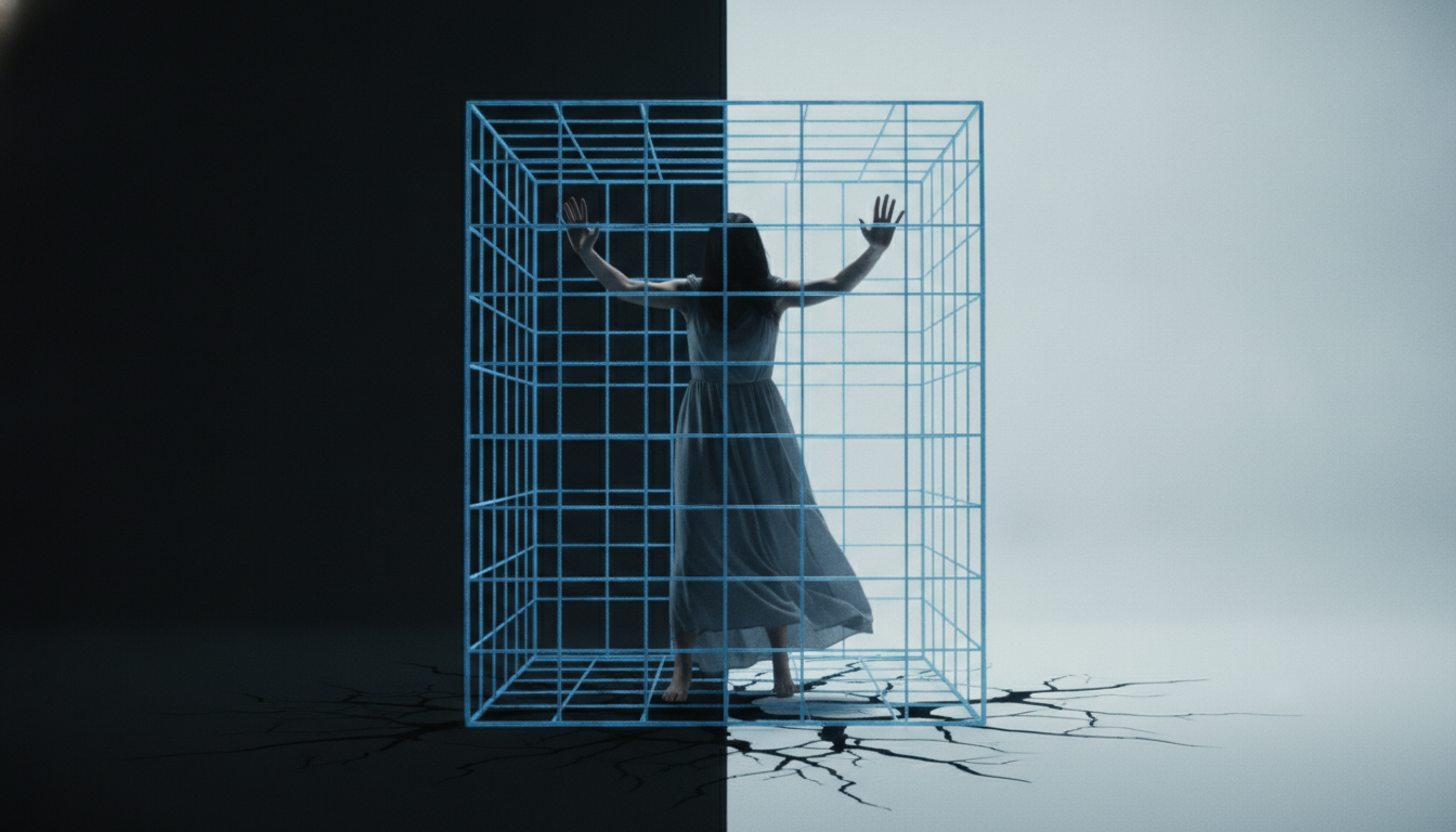 A person with their arms outstretched but bound by invisible, rigid lines forming a grid around them, symbolizing the confinement of dualistic thinking. The background is stark and binary, black and white.