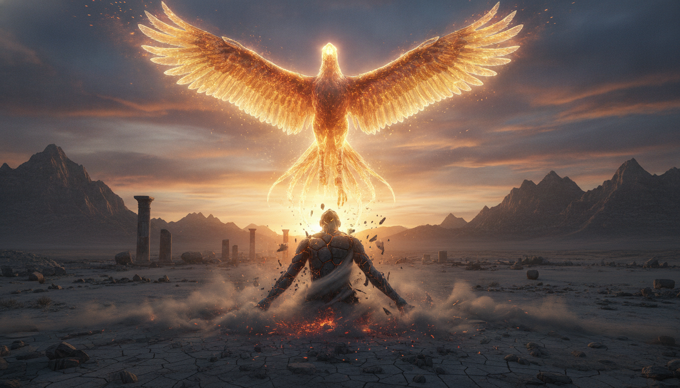 A phoenix made of ethereal light, rising from the ashes of a crumbling, shadowy humanoid figure.