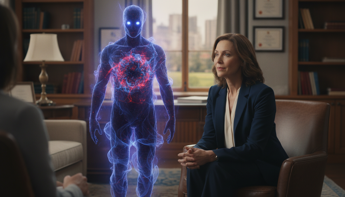 A psychologist in a typical office setting, listening intently to a client. However, behind the psychologist, a subtle, ethereal shadow figure is visible, subtly mimicking the psychologist's posture and holding an abstract, swirling mass, symbolizing their unacknowledged personal history and biases influencing their perception.