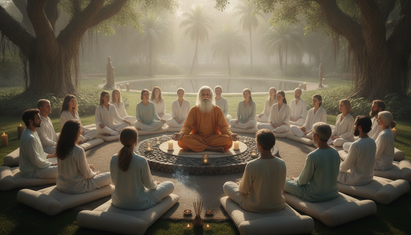 A serene guru figure, with a gentle, reassuring smile, surrounded by followers who look blissful but somewhat complacent, perhaps in a soft, sunlit setting. The atmosphere is one of comfort and ease.
