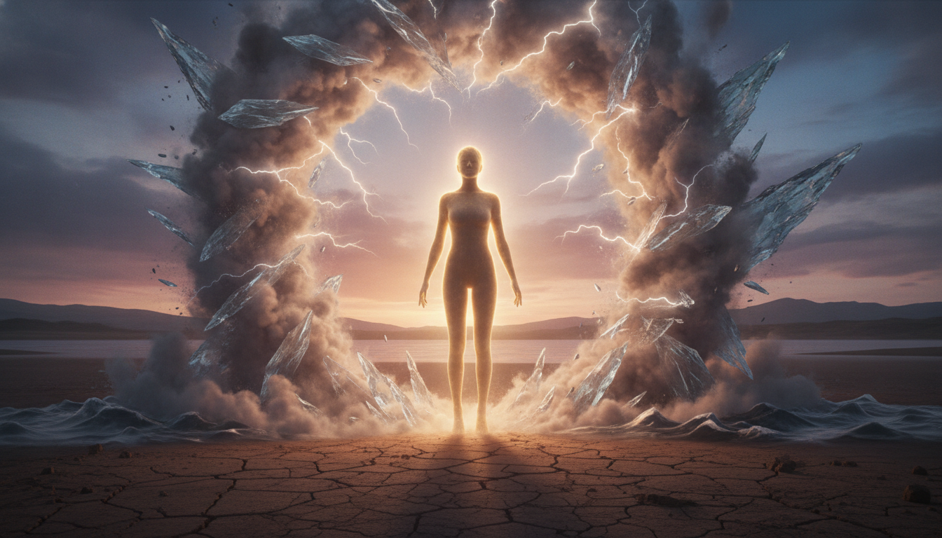 A serene, radiant figure standing tall and unperturbed, surrounded by swirling, chaotic elements that flow around them without touching their inner core. They have an almost golden glow.