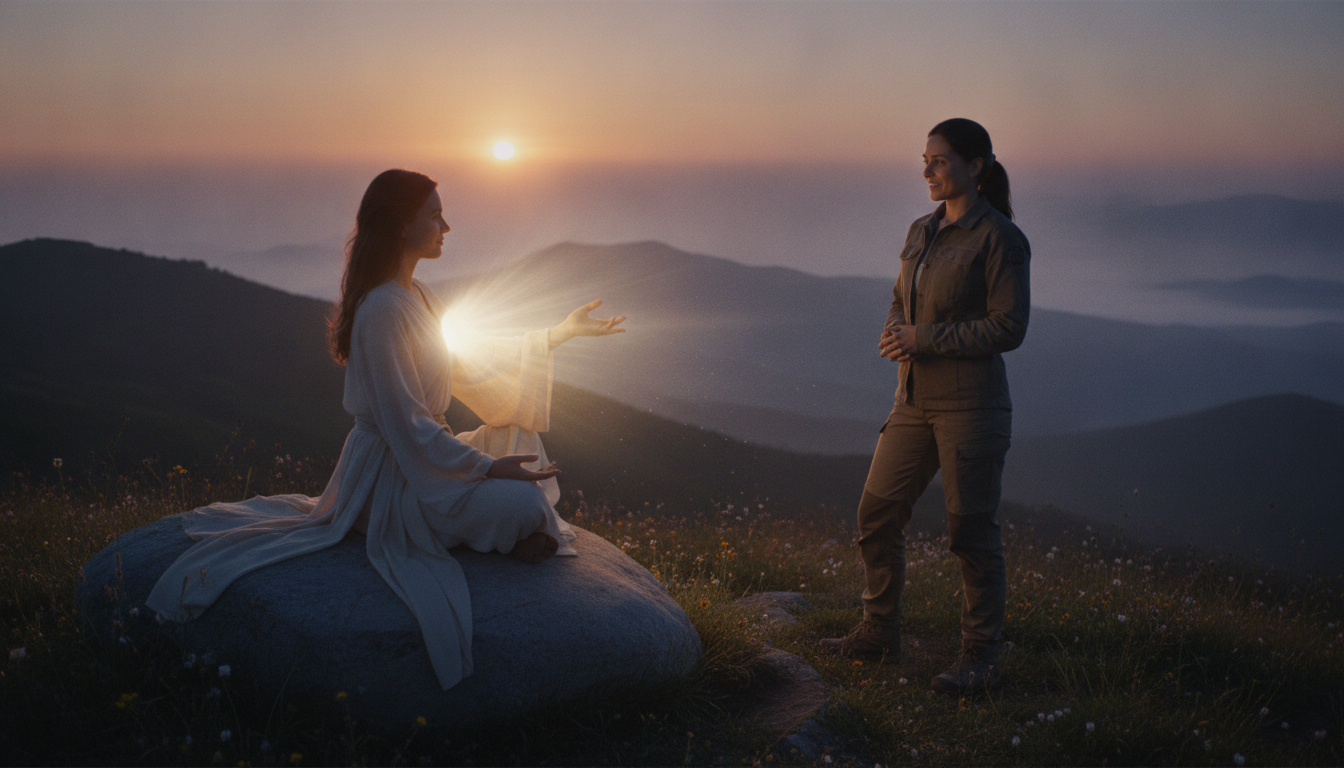 A serene, radiant human figure, sitting cross-legged, with a gentle, glowing light emanating from their chest that extends outwards like a calm, supportive hand towards another person who is upright and self-sufficient, not distraught. The atmosphere is peaceful and clear.