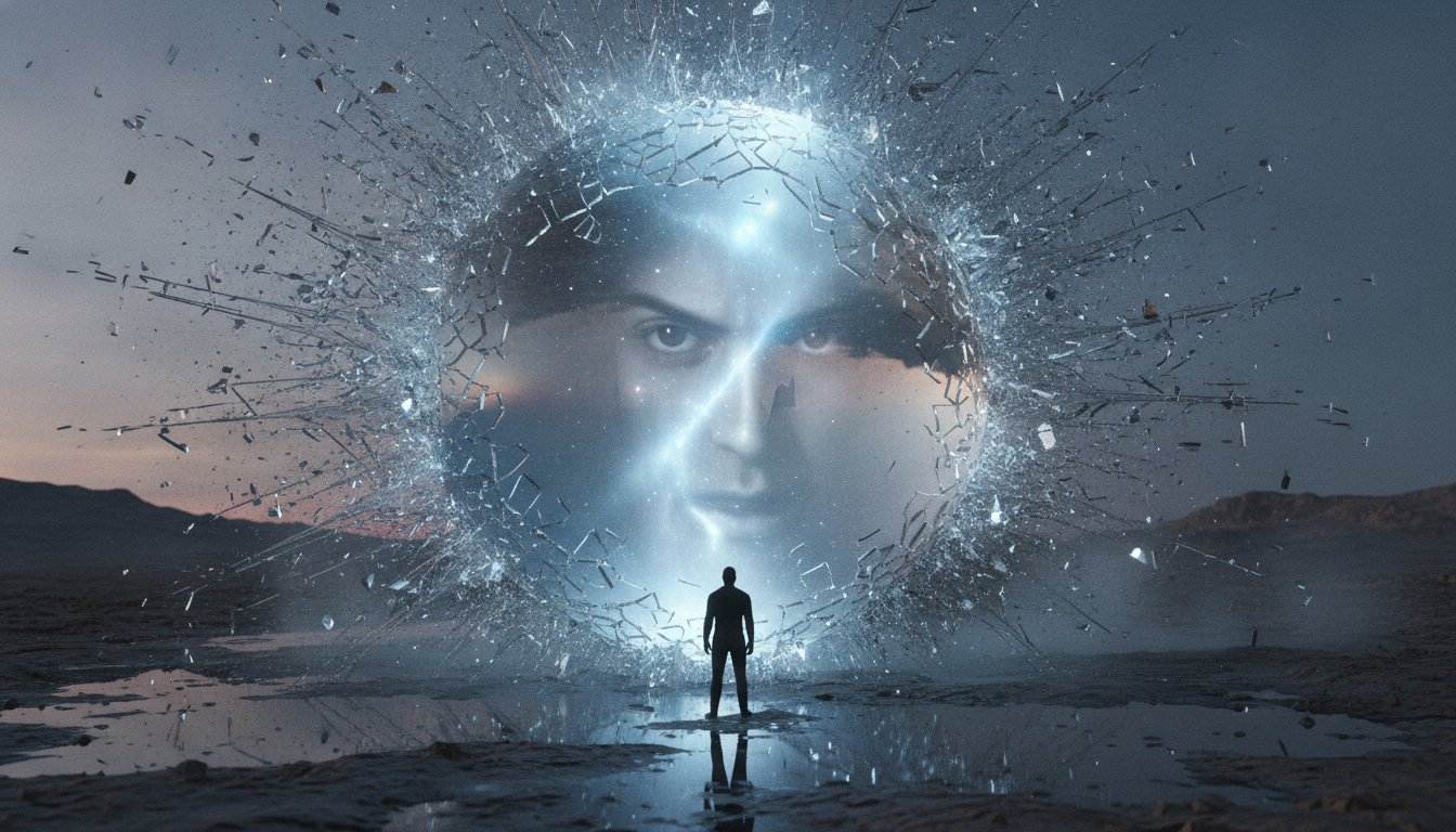 A shattering glass sphere, representing a broken ego, revealing a vast, clear, luminous space within, symbolizing the void created for true understanding.