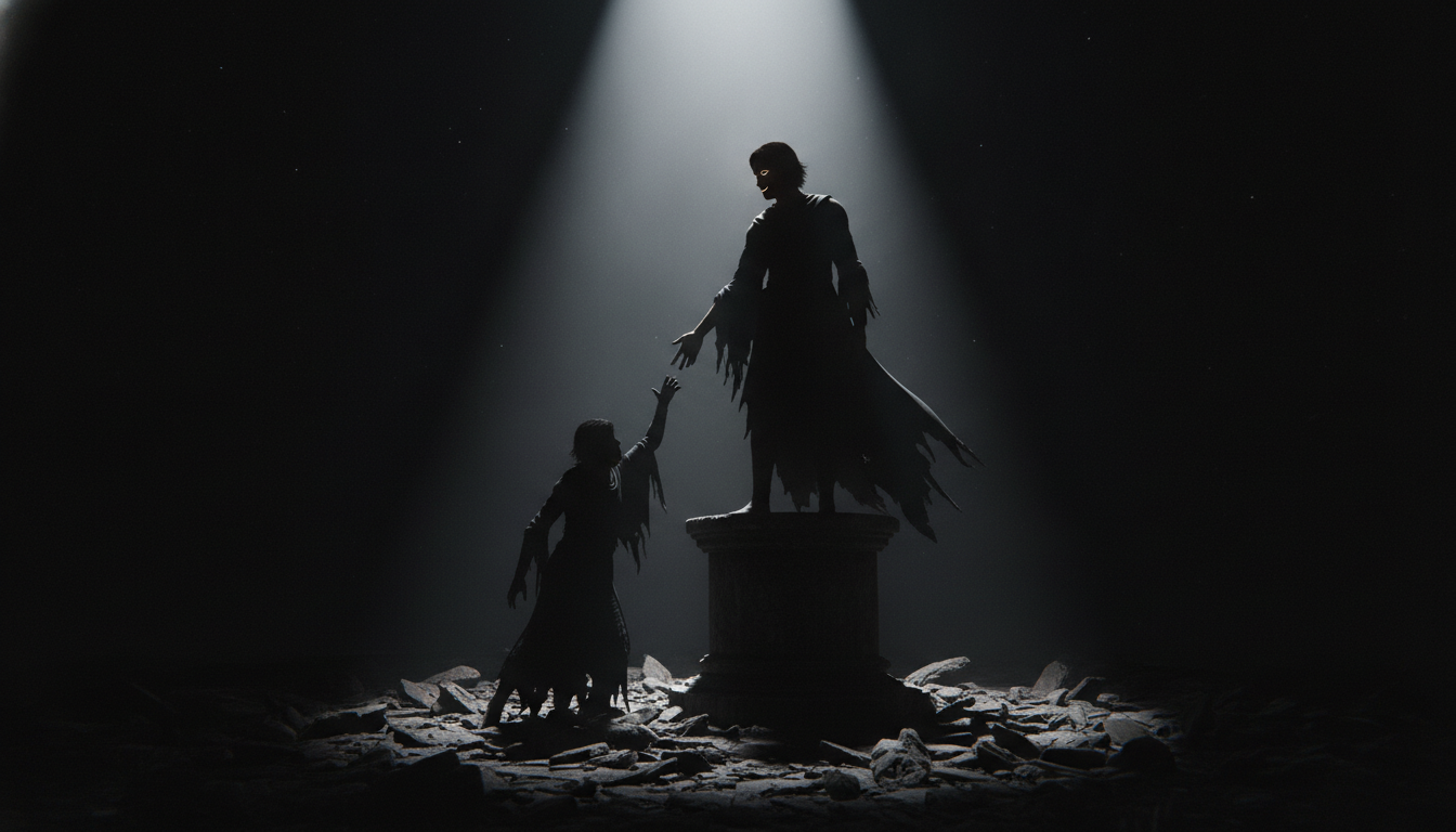 A silhouette of a person standing on a pedestal, illuminated by a spotlight, reaching down to help a smaller, indistinct figure below. The person on the pedestal has a subtle, self-satisfied smirk.