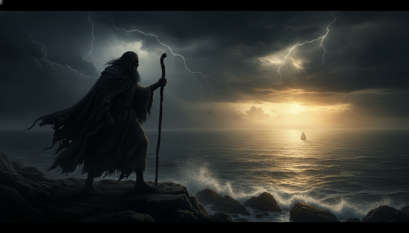 A silhouette of a wise, ancient figure standing firmly against a turbulent, stormy background, their gaze fixed on a distant, peaceful horizon, symbolizing unwavering guidance.