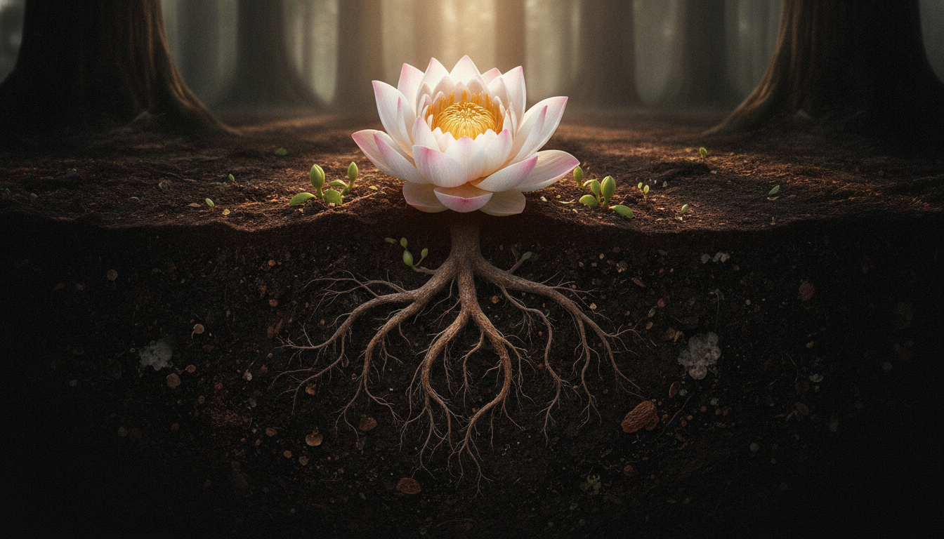 A single, intricate, unfurling lotus flower with roots deeply embedded in rich soil, symbolizing internal growth, self-discovery, and natural unfolding without external forcing.