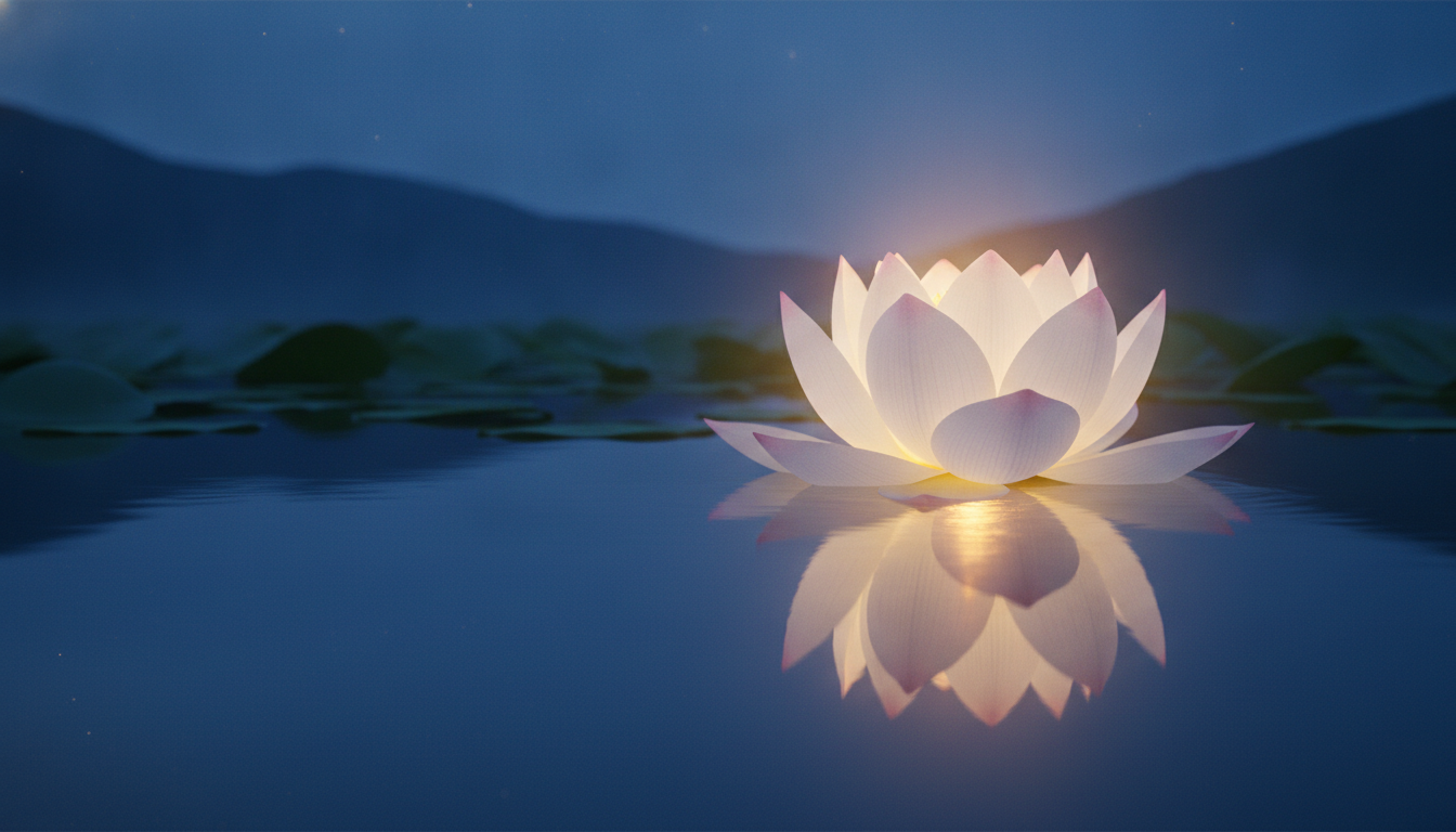 A single, large, pristine lotus flower floating serenely on calm, clear water, radiating a soft, gentle light without any visible effort, symbolizing effortless, pure giving and inner peace.