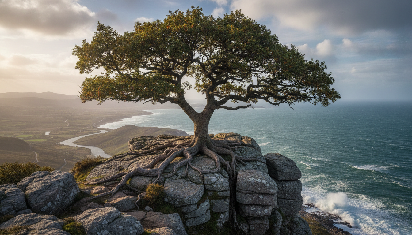 A single, strong tree growing on a rocky outcrop, its roots deeply embedded, symbolizing authenticity and resilience, unconcerned with external judgment.