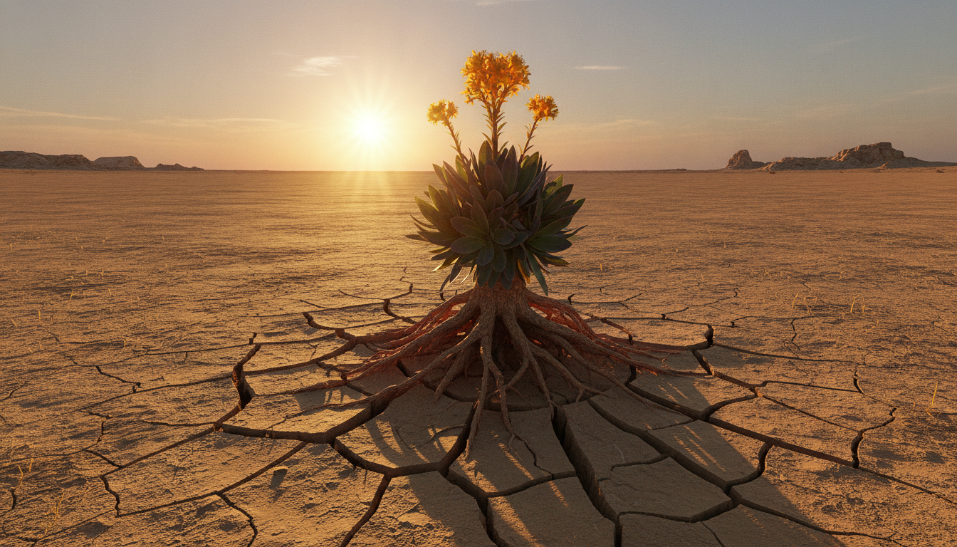 A single, vibrant plant with strong roots breaking through cracked, dry earth, reaching towards the sun. The scene emphasizes resilience and independent growth without human intervention.