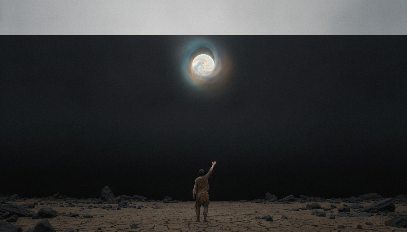A solitary figure standing at the base of a towering, smooth, featureless wall, looking up with a desperate, outstretched hand towards a faint, shimmering light on the other side, representing the unreachable ideal of love.