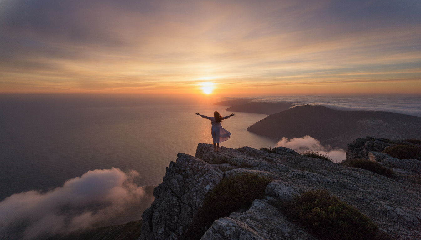 A solitary figure standing on a cliff edge, arms outstretched, facing a vast, unbounded horizon at sunrise, symbolizing freedom and letting go of identities.