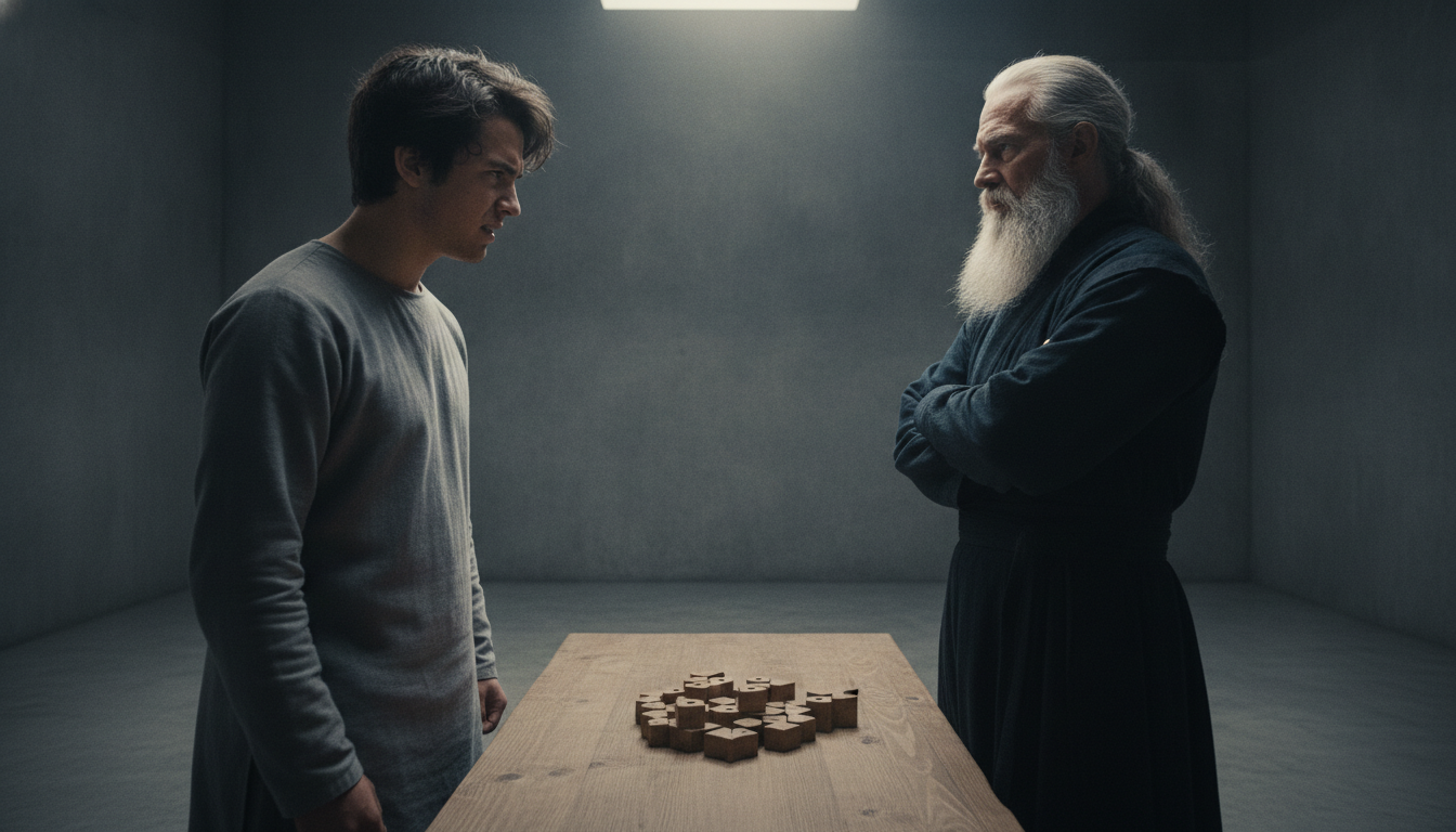 A stark, minimalist scene of a student looking intently, perhaps with a slight frown of concentration or discomfort, at an older, wise-looking master whose expression is firm and unwavering, rather than gentle. There's an intensity in the air, a sense of direct challenge.