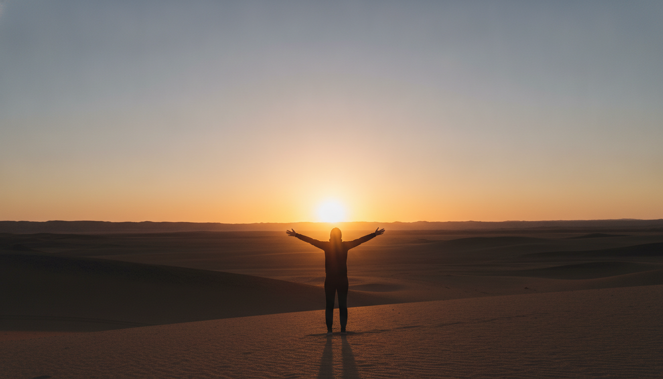 A stylized silhouette of a human figure standing freely in a vast, open landscape under a clear sky, with no visible restraints or definitions.