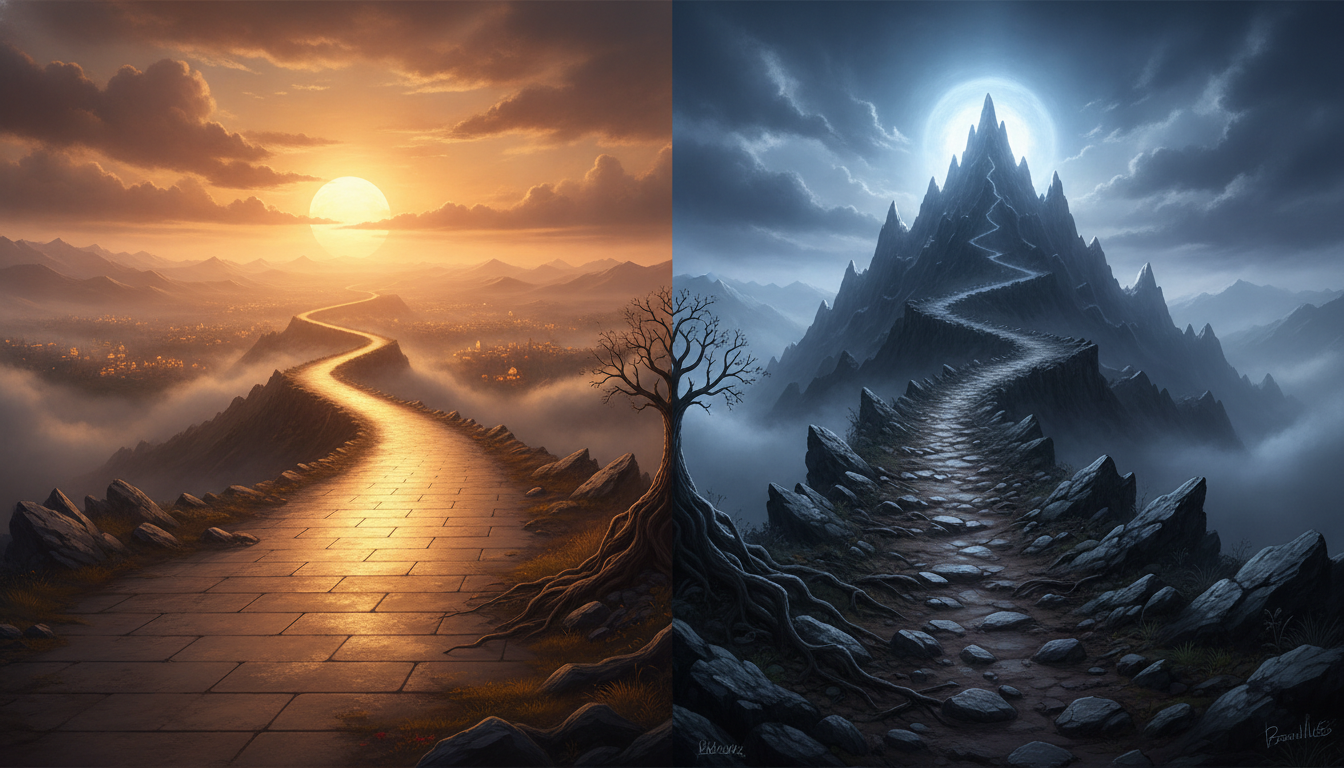 A symbolic image of two diverging paths in a spiritual landscape. One path is wide, smooth, and well-lit with soft, warm colors, leading to a hazy, comfortable-looking destination. The other path is narrow, rugged, and challenging, leading up a steep incline towards a bright, clear, but somewhat intimidating peak. The sun is setting on the comfortable path, while it is rising over the challenging one.