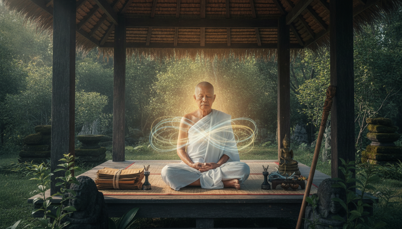 A Thai Ajarn (master) or a practitioner, perhaps an older person, sitting calmly in a simple, traditional setting. Around them, there are subtle visual cues of energetic work – perhaps faint glowing lines connecting them to objects or the environment, or a serene aura, suggesting deep energetic focus rather than overt magical display.