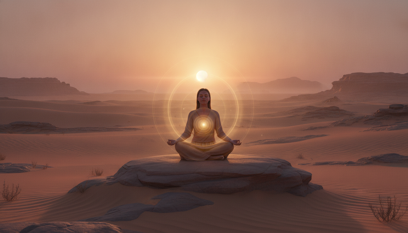 A vast, serene landscape with a lone, meditating figure at its center, radiating peace and boundless energy, blending seamlessly with the horizon.