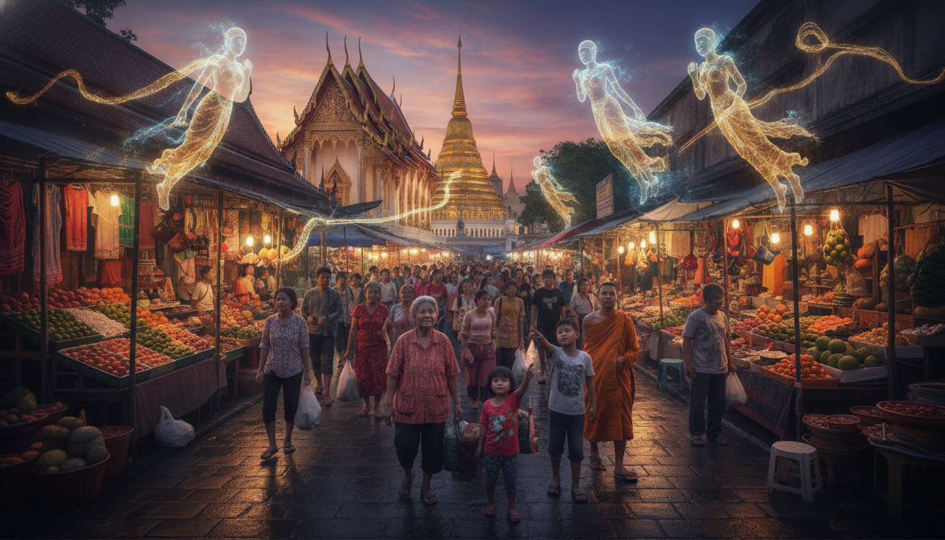 A vibrant, detailed illustration showing a mundane street scene in Thailand – a busy market, a temple, people walking – but with translucent, glowing spiritual entities, guardian spirits, and energy flows superimposed over the physical reality, visible only to a few select individuals in the crowd.