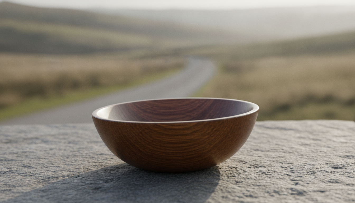 A wide-open empty bowl made of polished wood, ready to receive something, symbolising a receptive and humble mind.