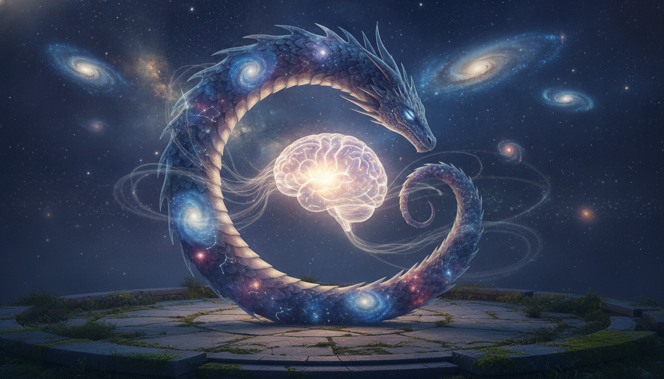 An ouroboros symbol, a dragon eating its own tail, representing the circular and self-referential nature of the mind studying itself.