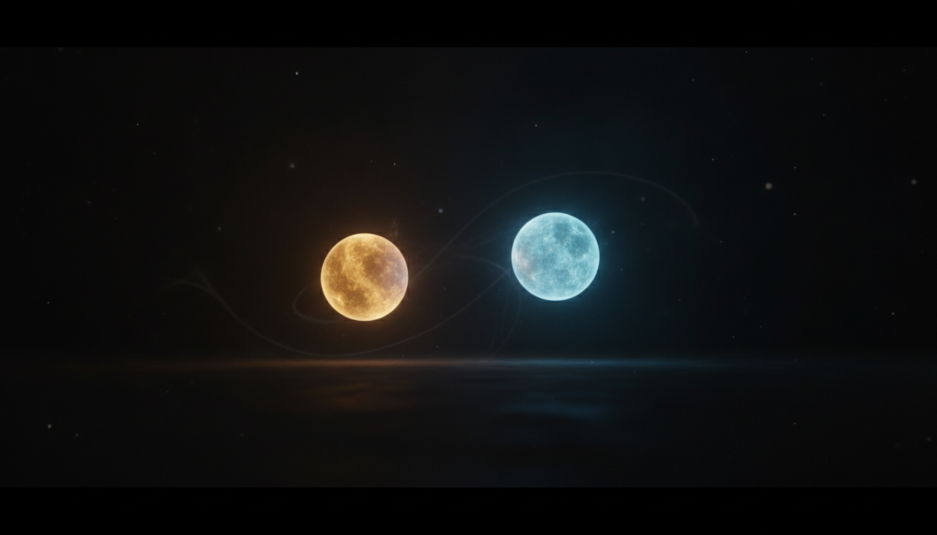 Two distinct, brightly glowing orbs of light gently approaching each other in a dark, open space, symbolizing two complete individuals meeting in love without seeking.