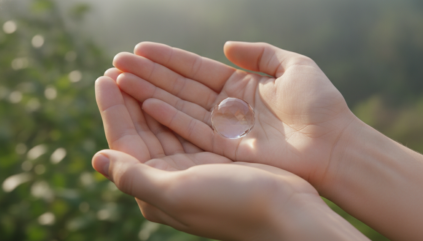 Two hands gently open, facing upwards, with a single dewdrop or crystal resting in the palm, symbolizing quiet receptivity and preciousness without grasping or demanding.
